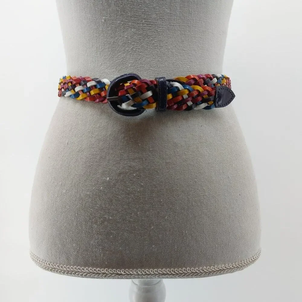 Vintage Women's Braided Woven Weaved Multicolored Genuine Leather Belt Size S